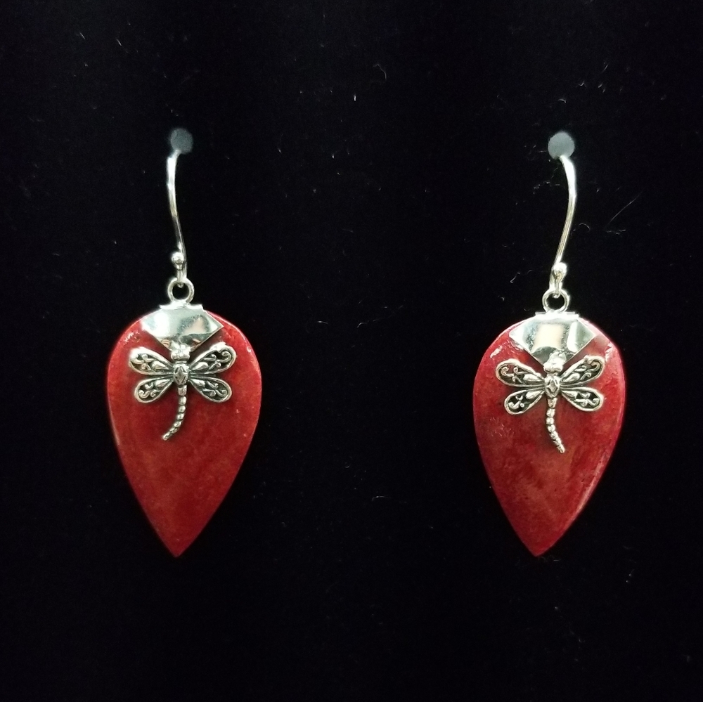 Coral Drop Earrings w/ Sterling Silver Dragonflys